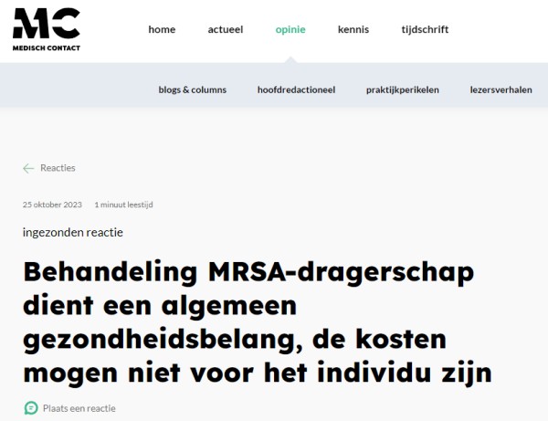 Opiniestuk MRSA vergoeding in Medisch Contact Opiniestuk MRSA vergoeding in Medisch Contact